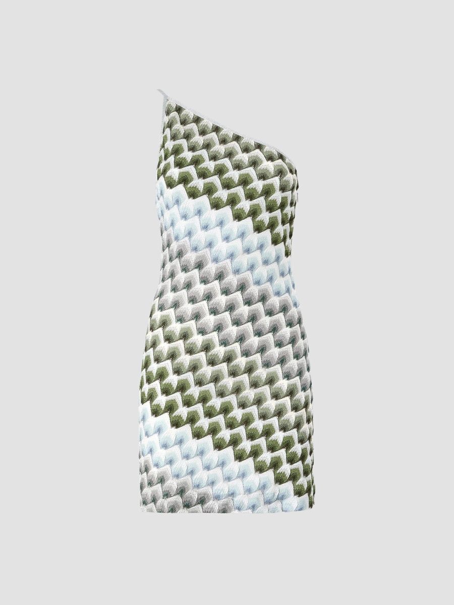 Missoni Women's Chevron One-Shoulder Knit Mini Dress - Green Blue - Size 8