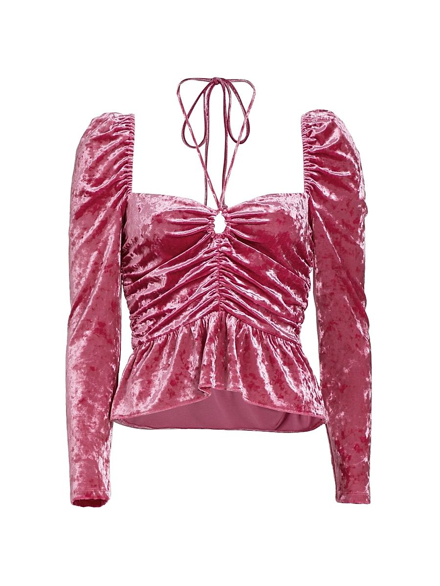 Women's Cedella Ruched Stretch Velvet Peplum Top - Bubblegum - Size Large
