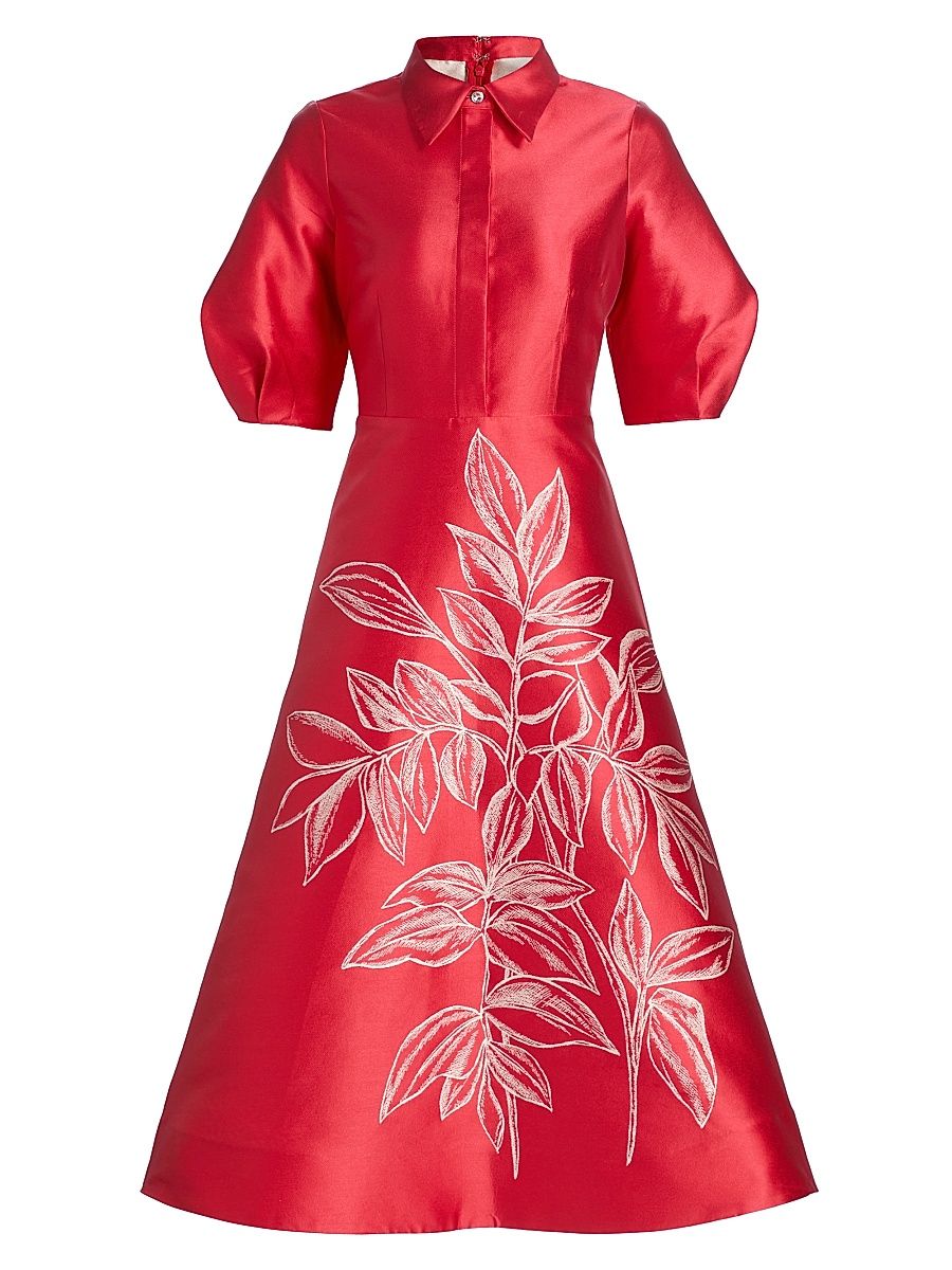 Women's Botanical Jacquard Puff Sleeve Cocktail Dress - Tomato Red - Size 8