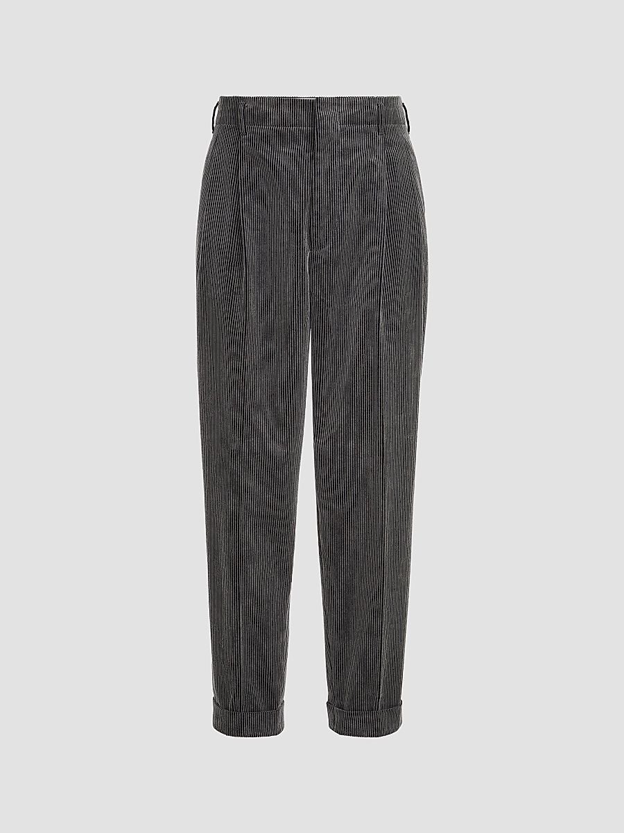 Men's Frosted Cotton Corduroy Trousers with Double Pleats - Grey - Size 46