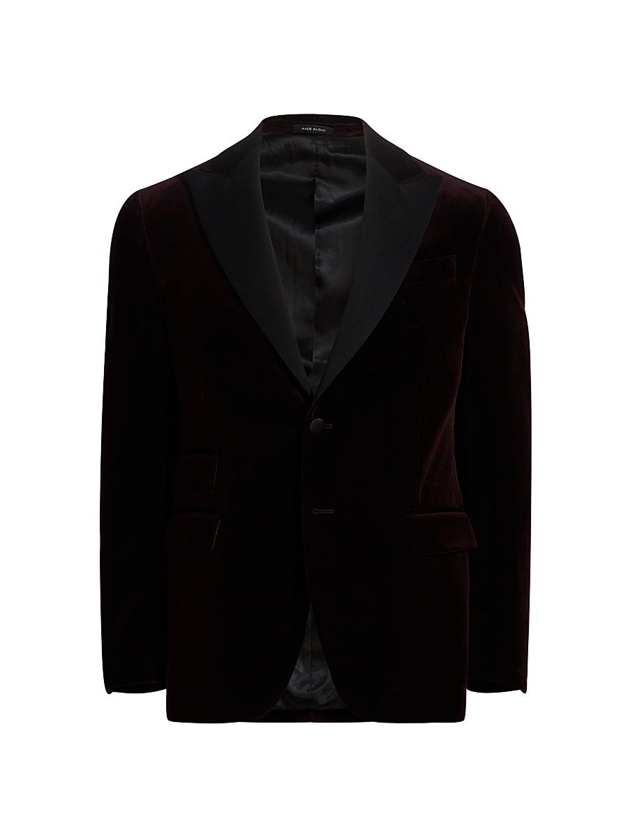 Men's COLLECTION Velvet Formal Peak Lapel Jacket - Bordeaux - Size 48