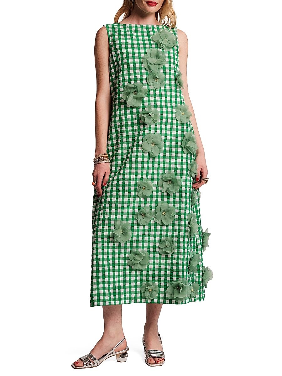 Women's Origami 3D Floral Appliqué Gingham Midi-Dress - Green Oyster - Size XL