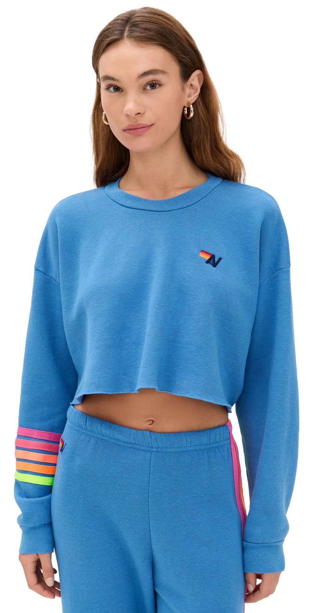 Aviator Nation Rugby Stitch Cropped Crew Sweatshirt COBALT/NEON L