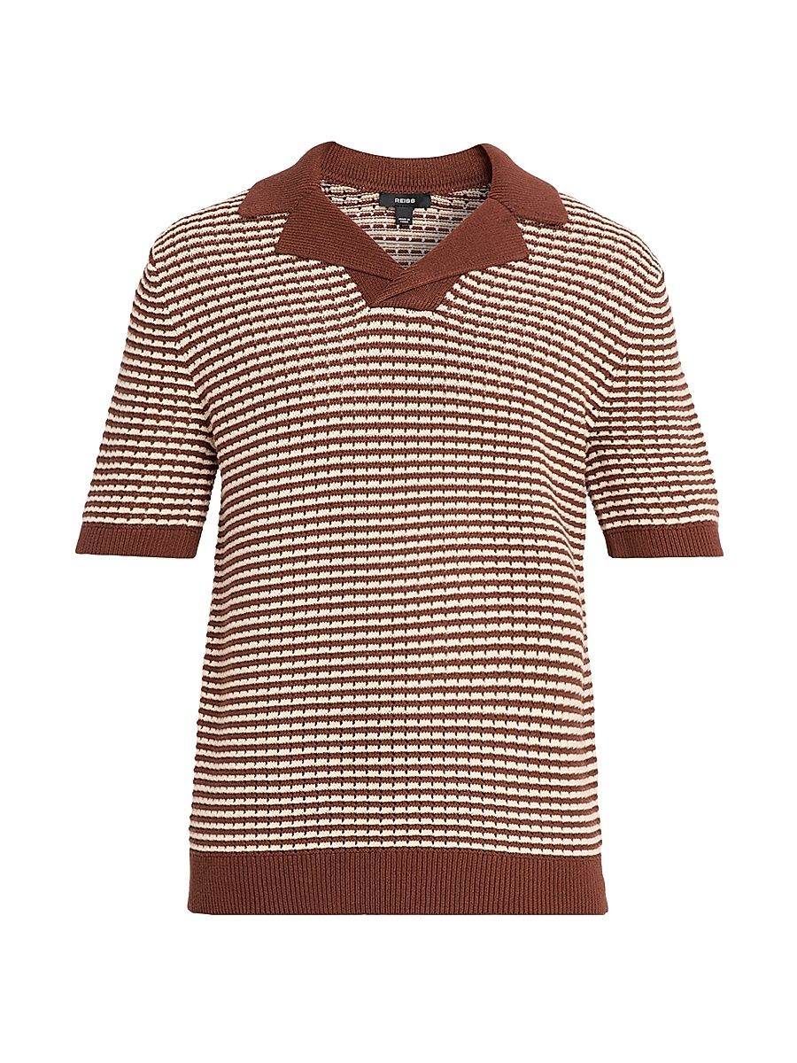 Men's Icarus Striped Textured Knit Polo Shirt - Tobacco Brown - Size Large