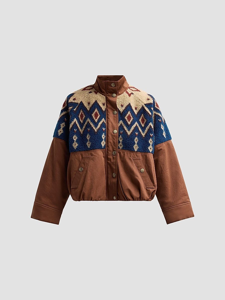 Women's Knoll Geometric Fleece & Cotton Canvas Zip-Up Jacket - Deep Ochre - Size XS