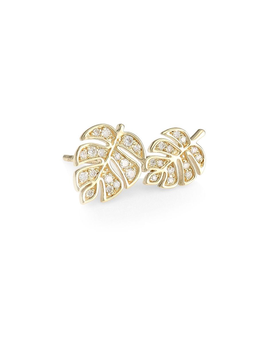 Women's 14K Yellow Gold & Diamond Double Monstera Leaf Left Stud Earring - Size 7