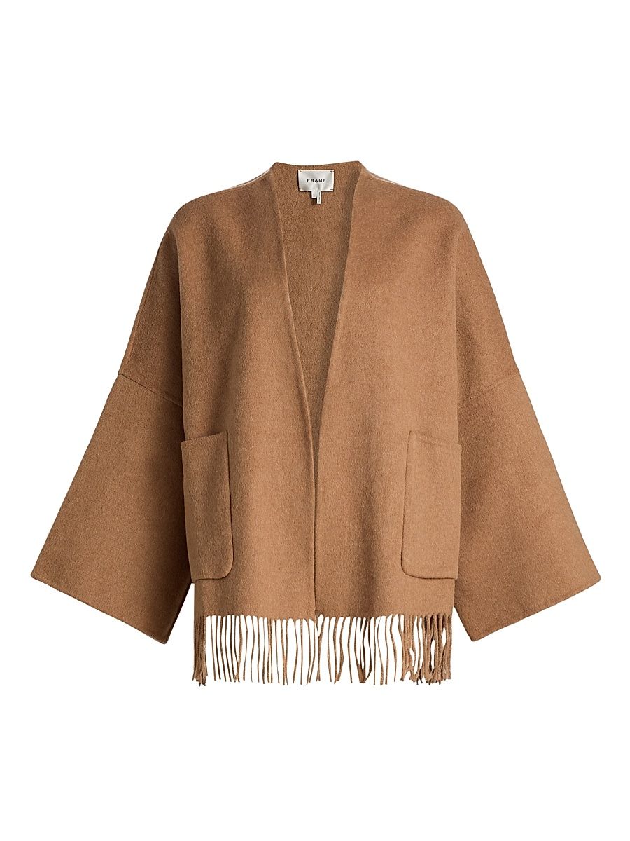 Women's Fringe Hem Wool-Blend Coat - Camel - Size Medium