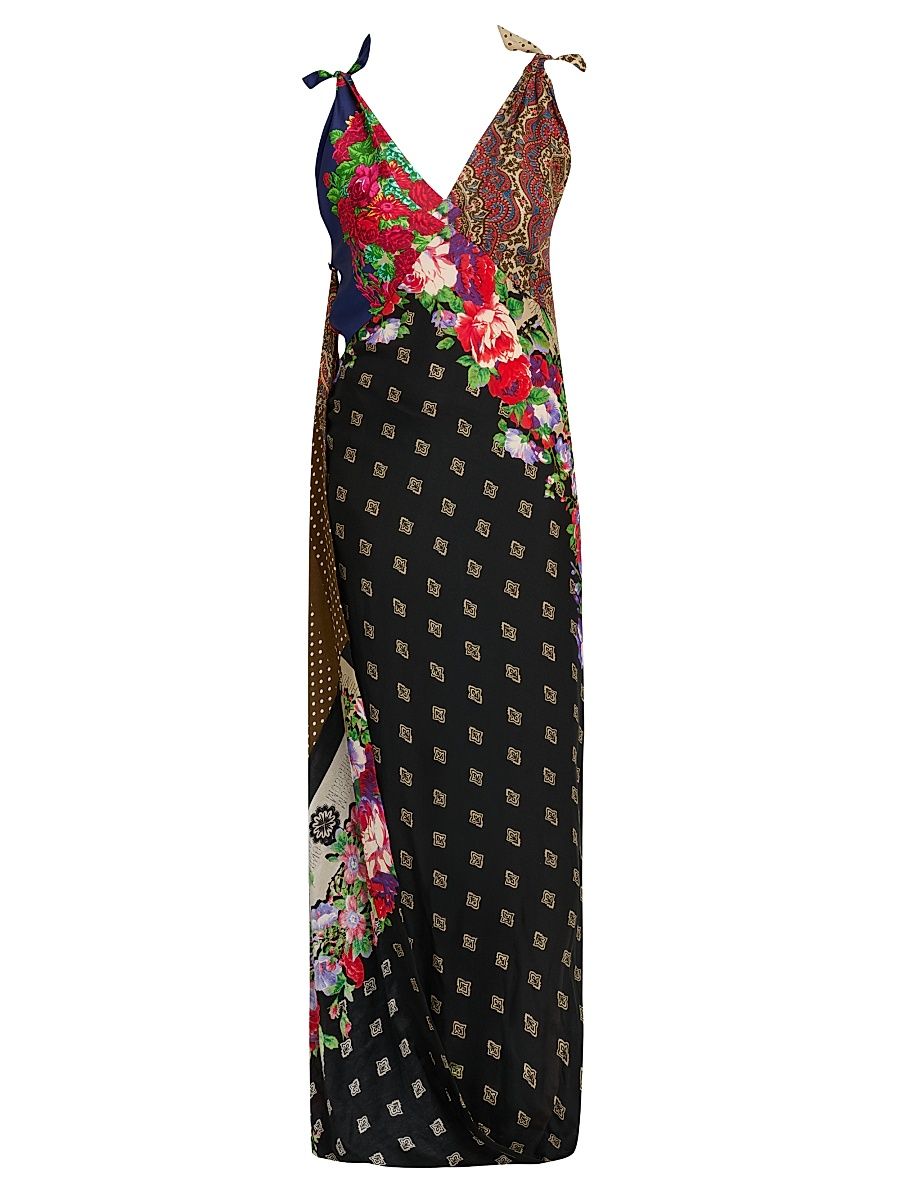 Women's Mixed Print Silk Maxi Dress - Multi Color - Size 14