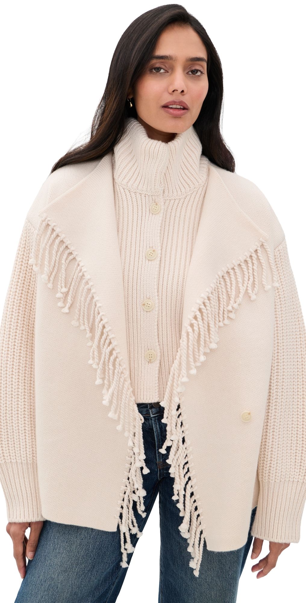 FRAME The Cropped Jacquard Fringe Coat Ecru M