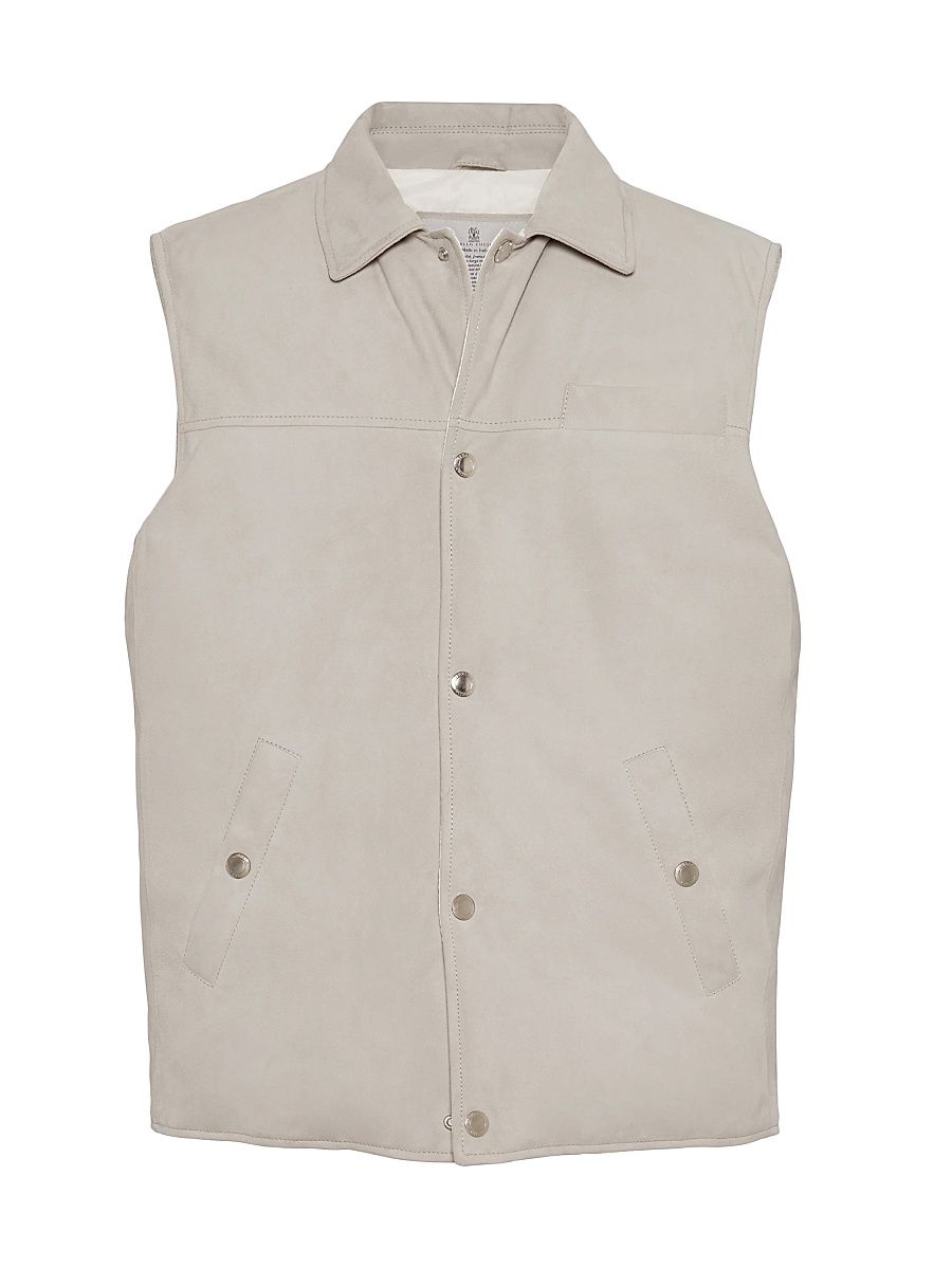 Men's Suede Down Vest with Shirt Style Collar - Ivory - Size XXXXL