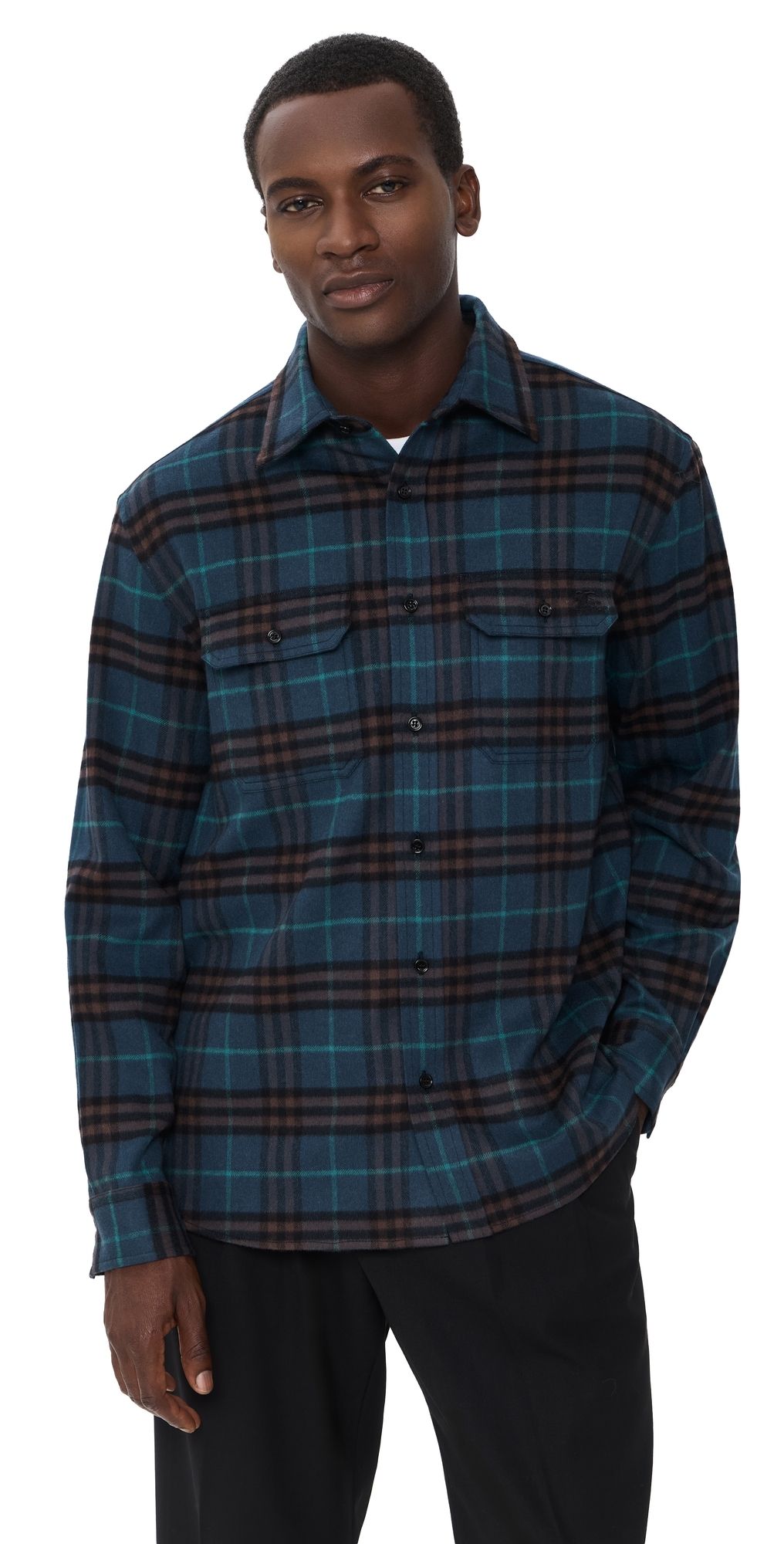 Burberry Cadoc Brushed Wool Flannel Overshirt Teal Blue IP Check M