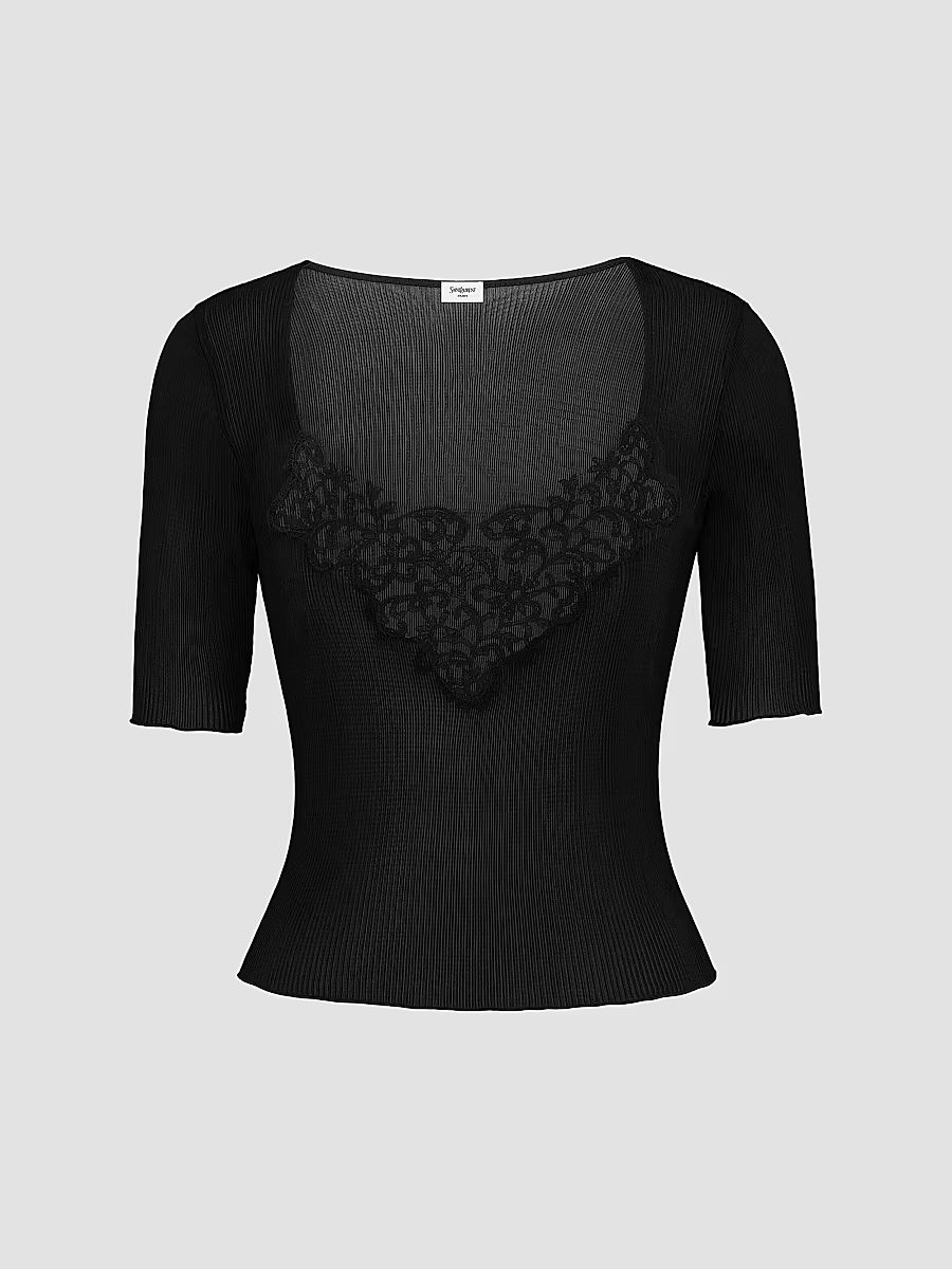 Saint Laurent Women's Guipure Top in Ribbed Silk - Noir - Size Large
