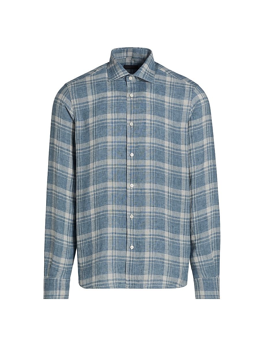 Men's Plaid Linen Button-Front Shirt - Blue Beige - Size XXL
