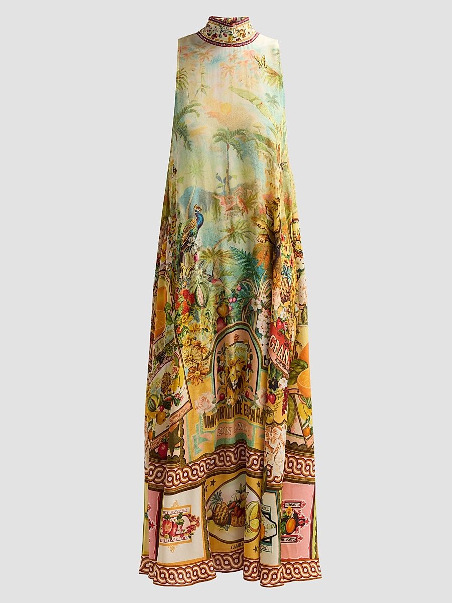 Women's Va Va Vint Printed A-Line Silk Maxi Dress - Va Va Vintage - Size Medium