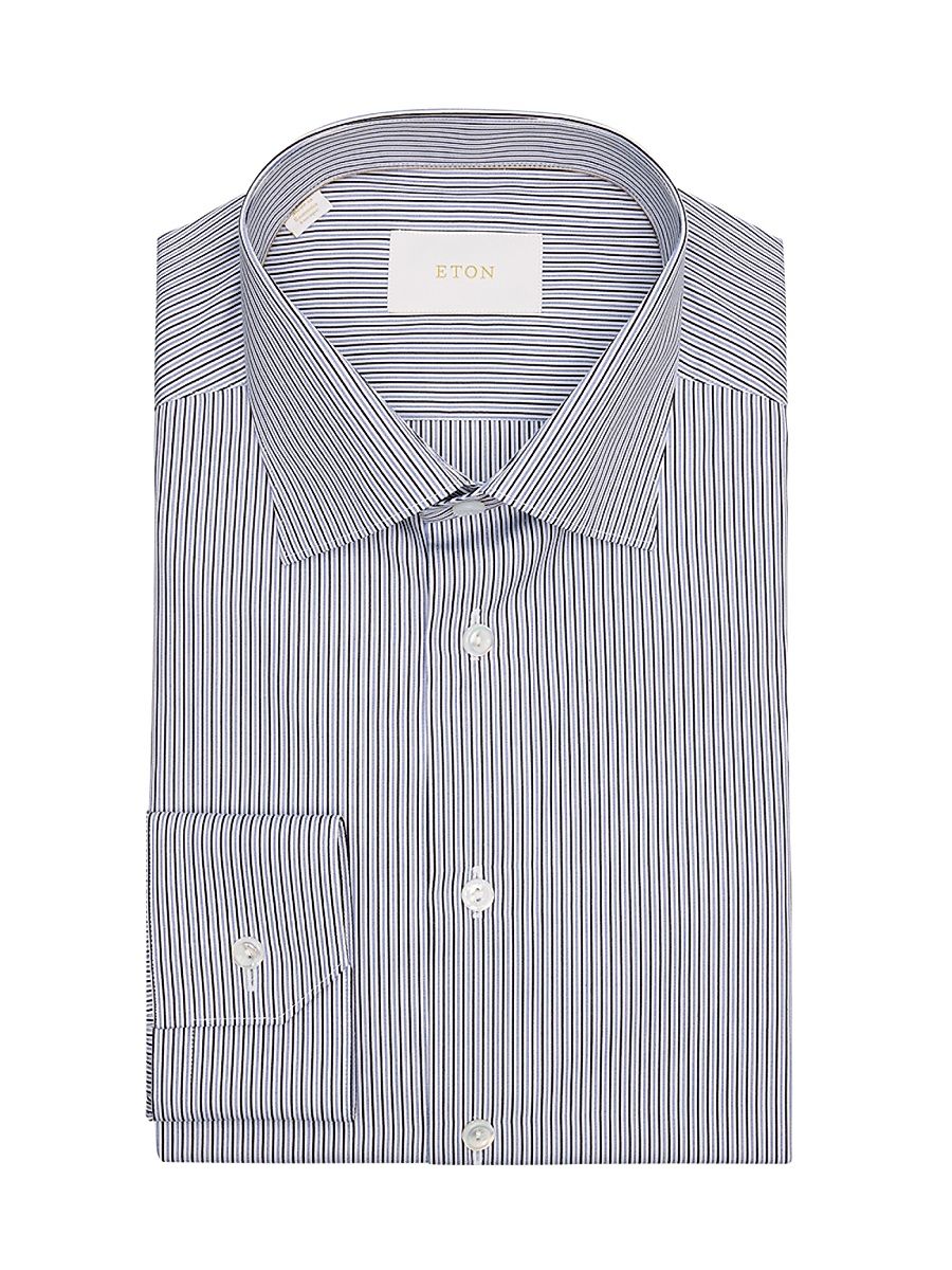 Men's Striped Cotton Slim-Fit Shirt - Dark Blue - Size 17.5