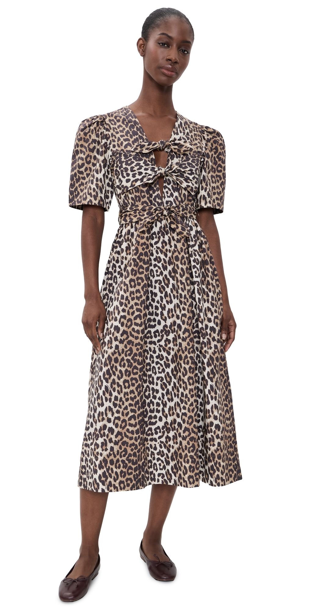 GANNI Printed Cotton Tie Strap Midi Dress Leopard 38