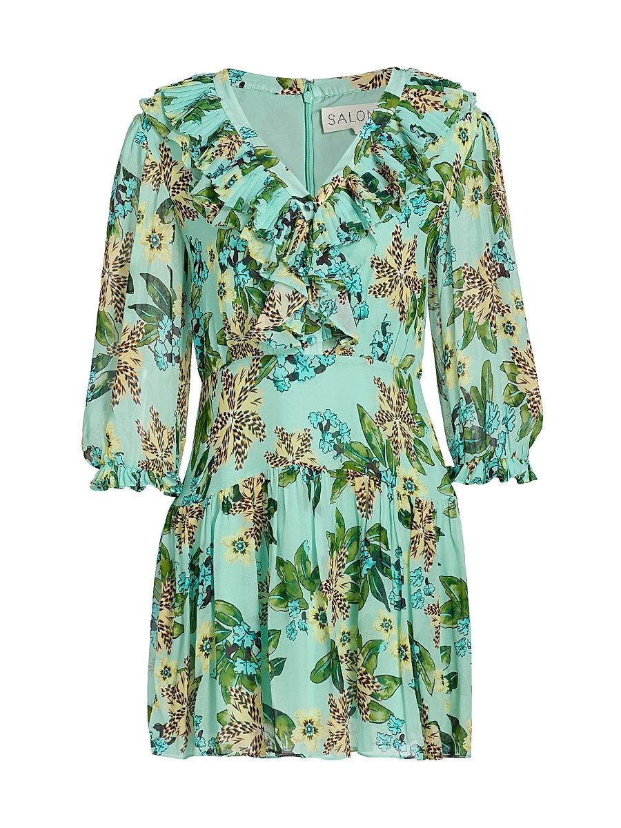 Women's Susie Floral Ruffled Georgette Minidress - Fiori Mint - Size 12