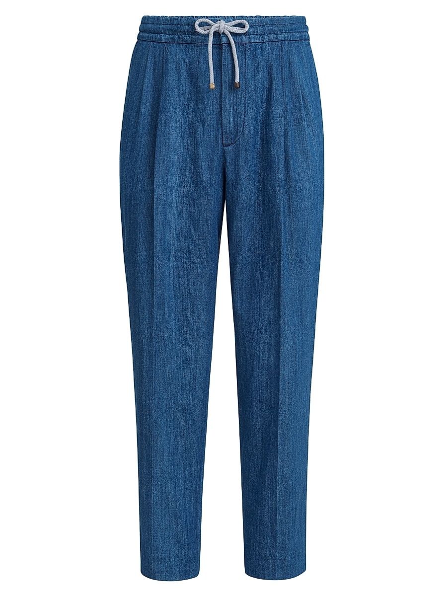 Men's Lightweight Denim Trousers with Drawstring and Double Pleats - Medium Denim - Size 56