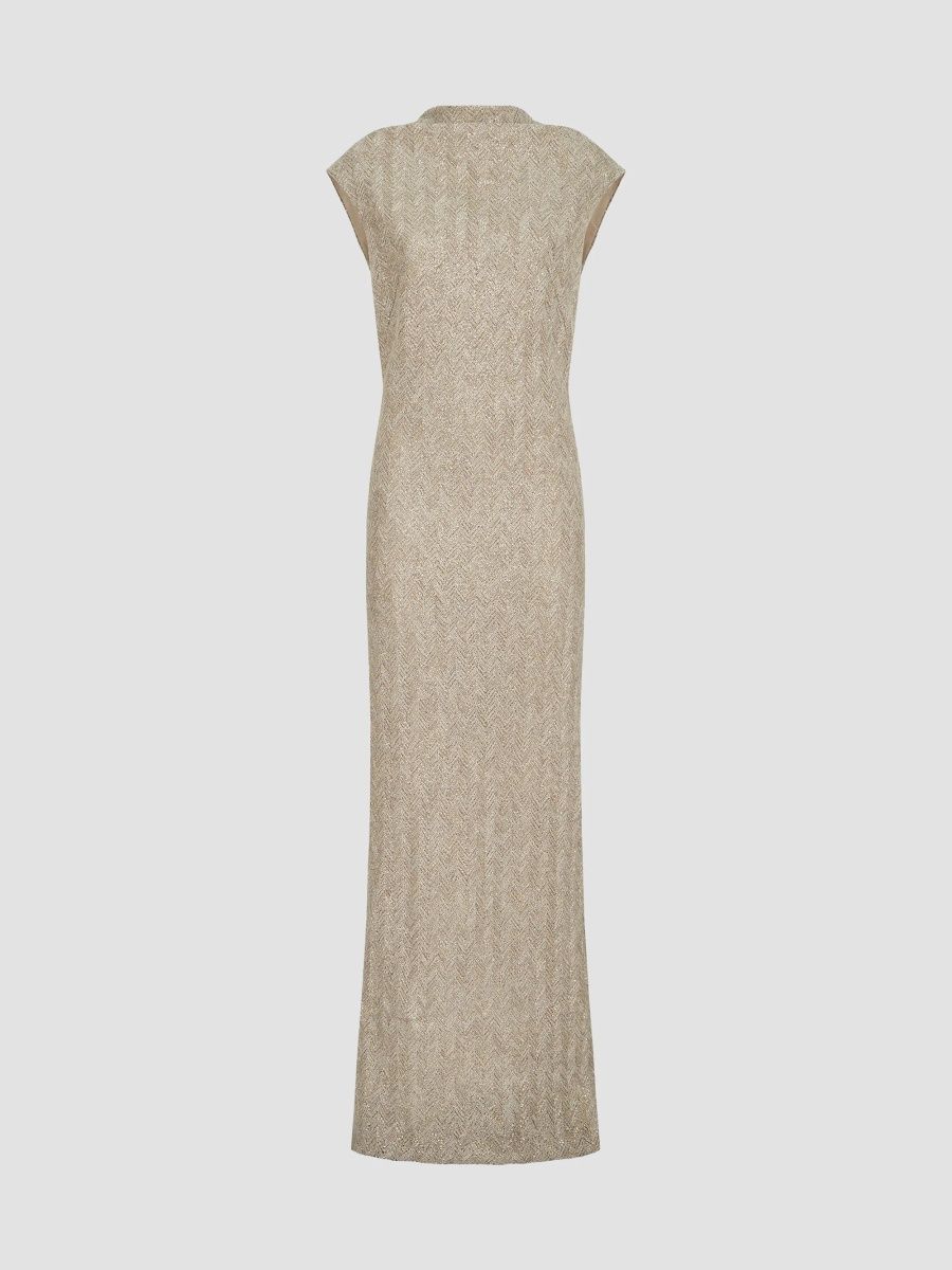 Brunello Cucinelli Women's Dazzling Chevron Embroidery Dress in Sparkling Mohair and Wool - Rope - Size Small