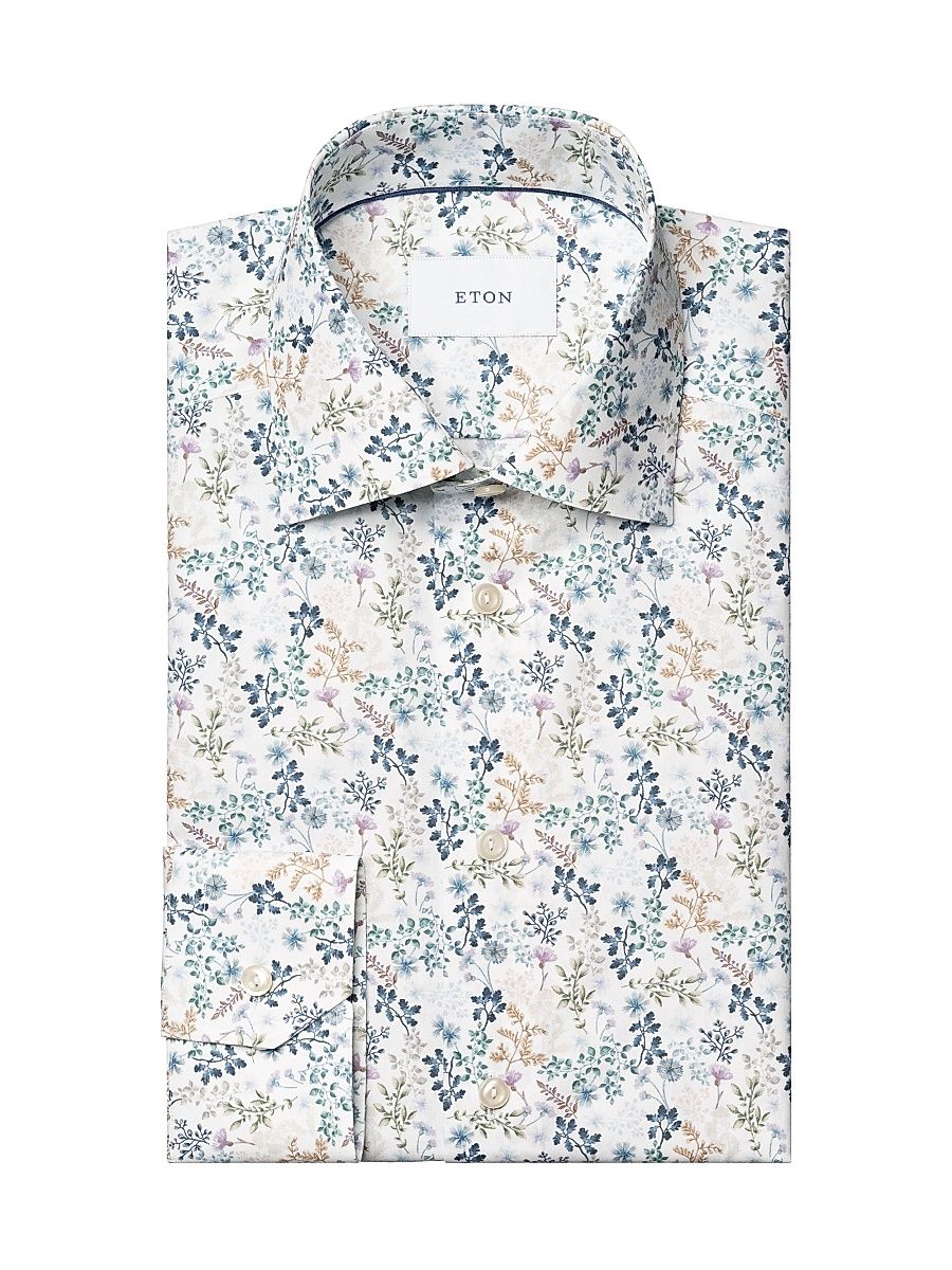Men's Floral Slim-Fit Cotton Twill Shirt - Blue - Size 16.5