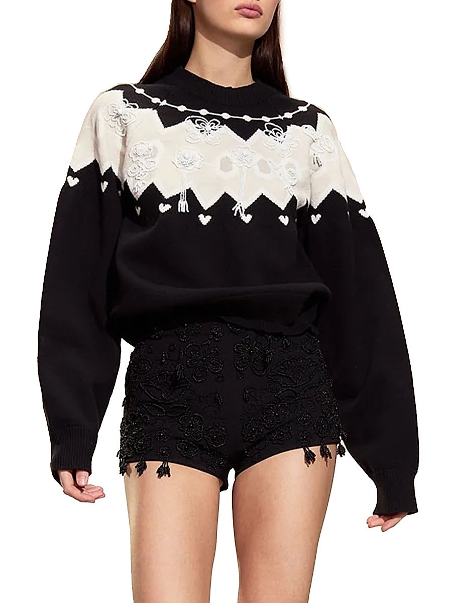 Women's Milei Beaded Knit Sweater - Black White - Size Large