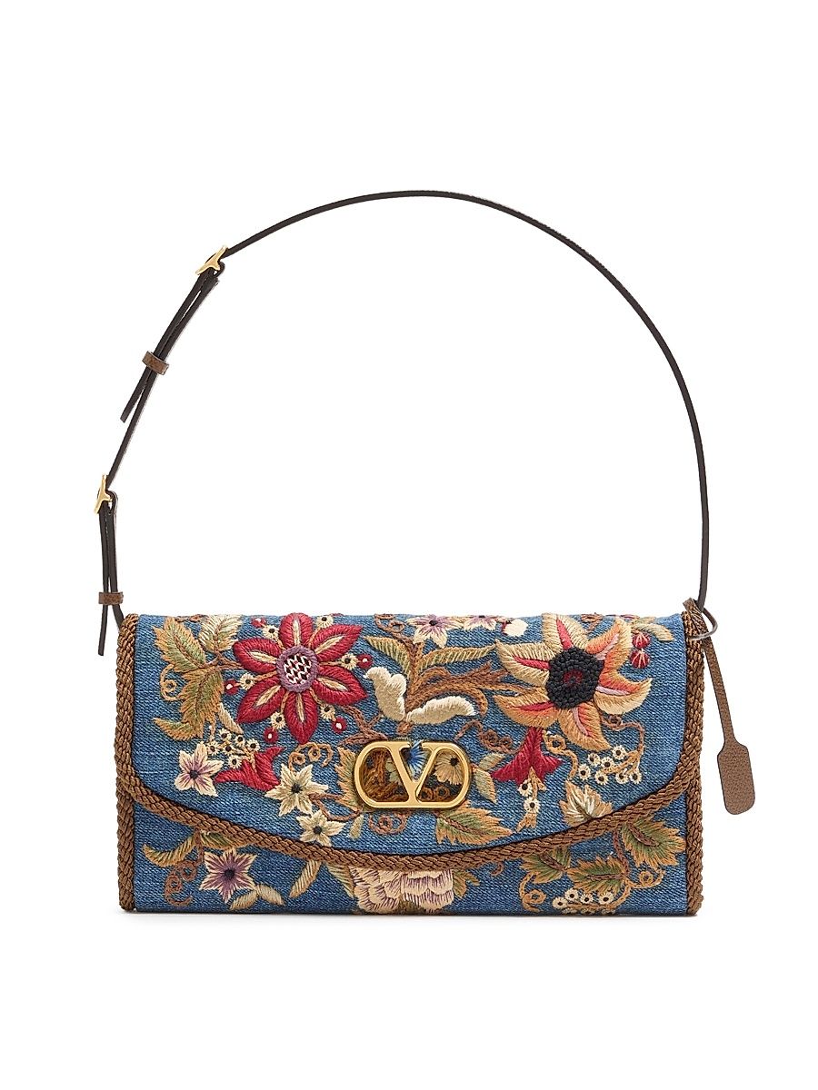 Women's Devain Small Embroidered Denim Shoulder Bag - Denim Multicolor