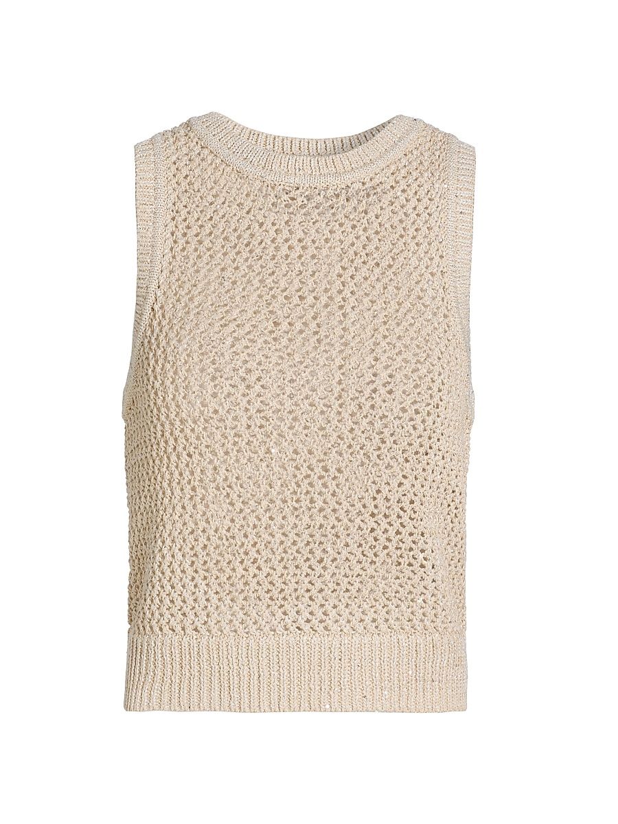 Women's Winnie Sequin Crochet Crewneck Tank - Pebble - Size XL