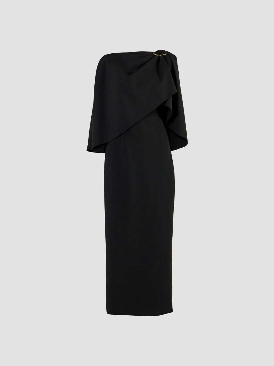 Carolina Herrera Women's Stretch Virgin-Wool Draped Cape Midi Dress - Black - Size 16