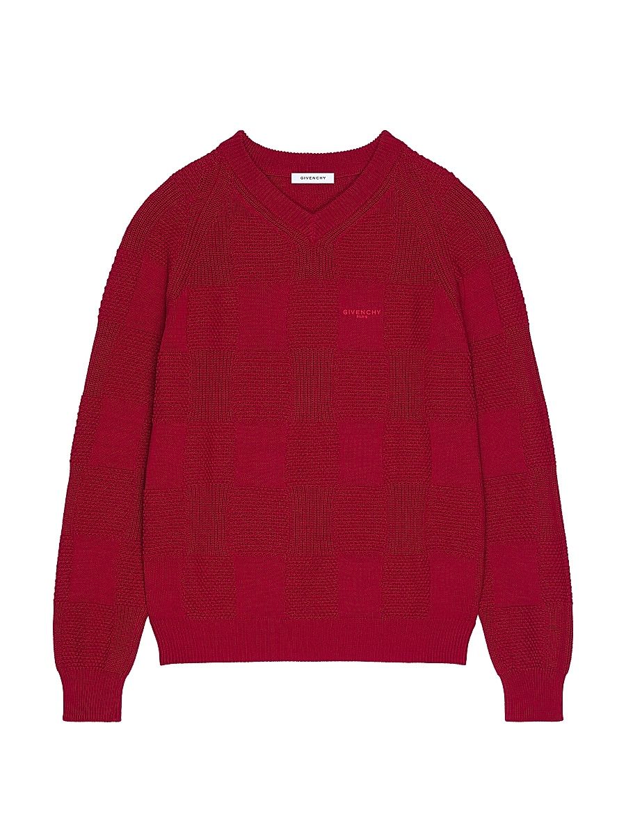 Men's Checked Sweater in Cotton Knit - Dark Red - Size Large