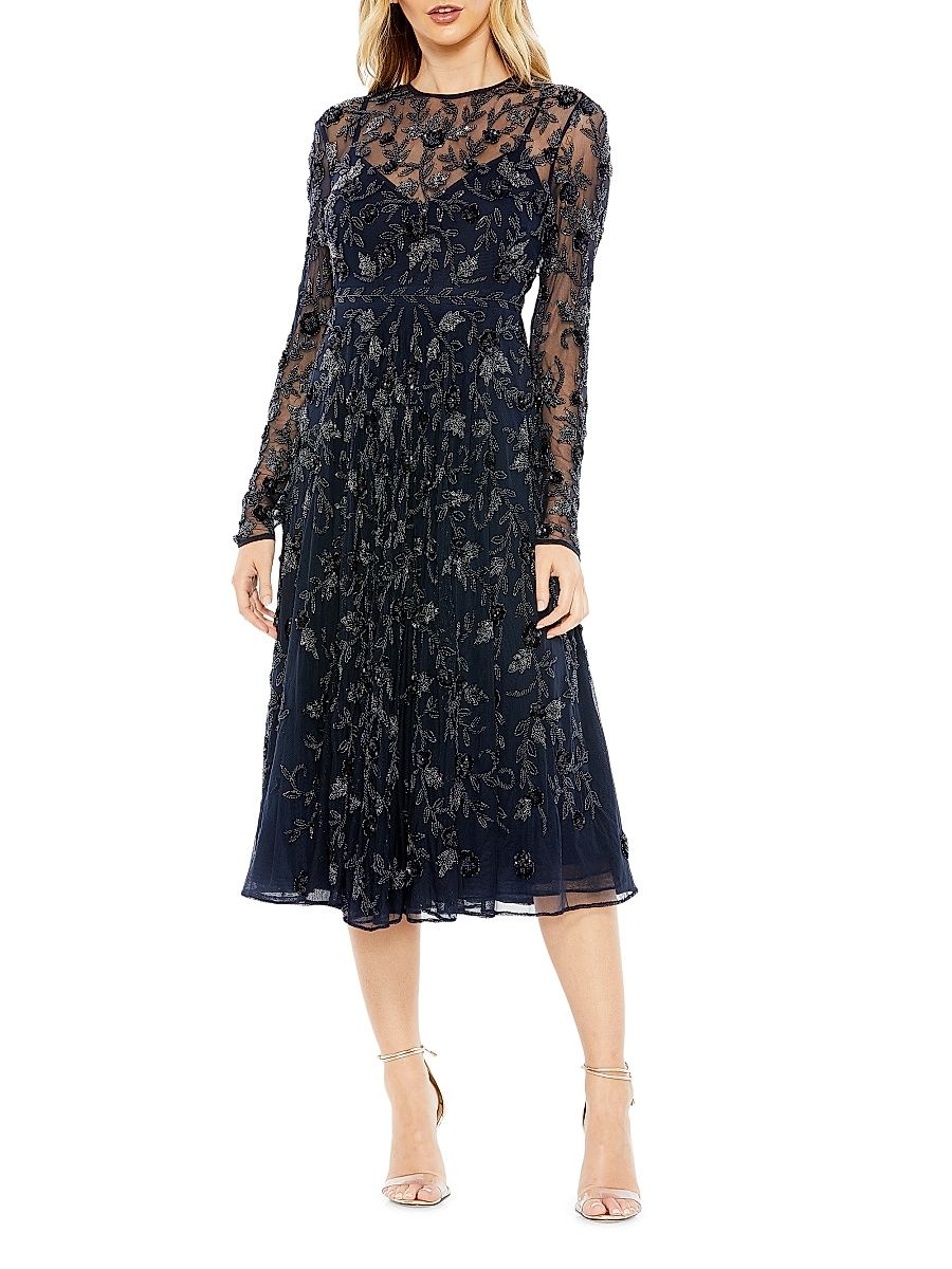 Women's Long-Sleeve Embellished Floral Midi-Dress - Navy - Size 6