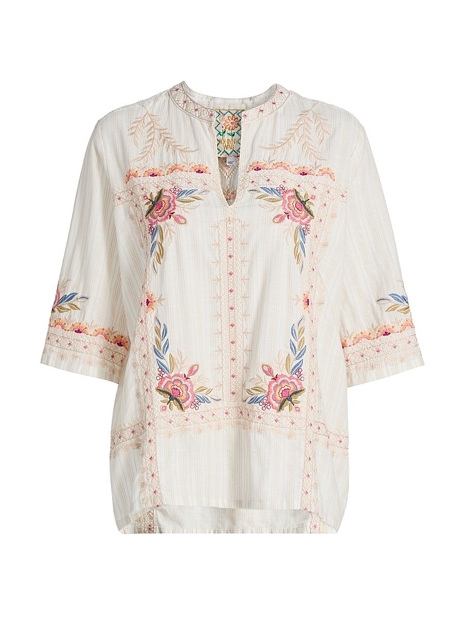 Women's Easy Embroidered V-Neck Top - Nora Stripe - Size XL