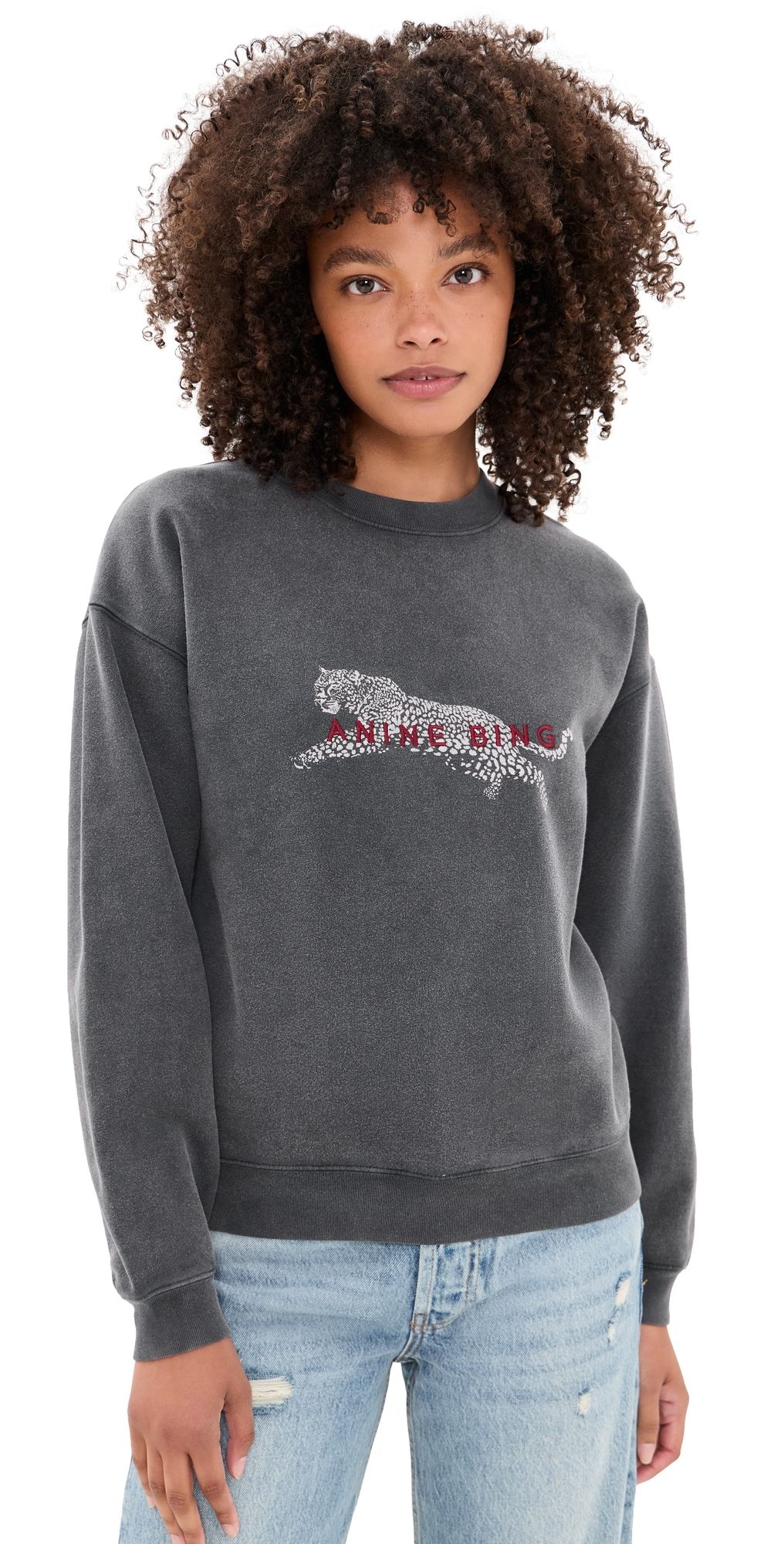 ANINE BING Spencer Leopard Sweatshirt Washed Black M