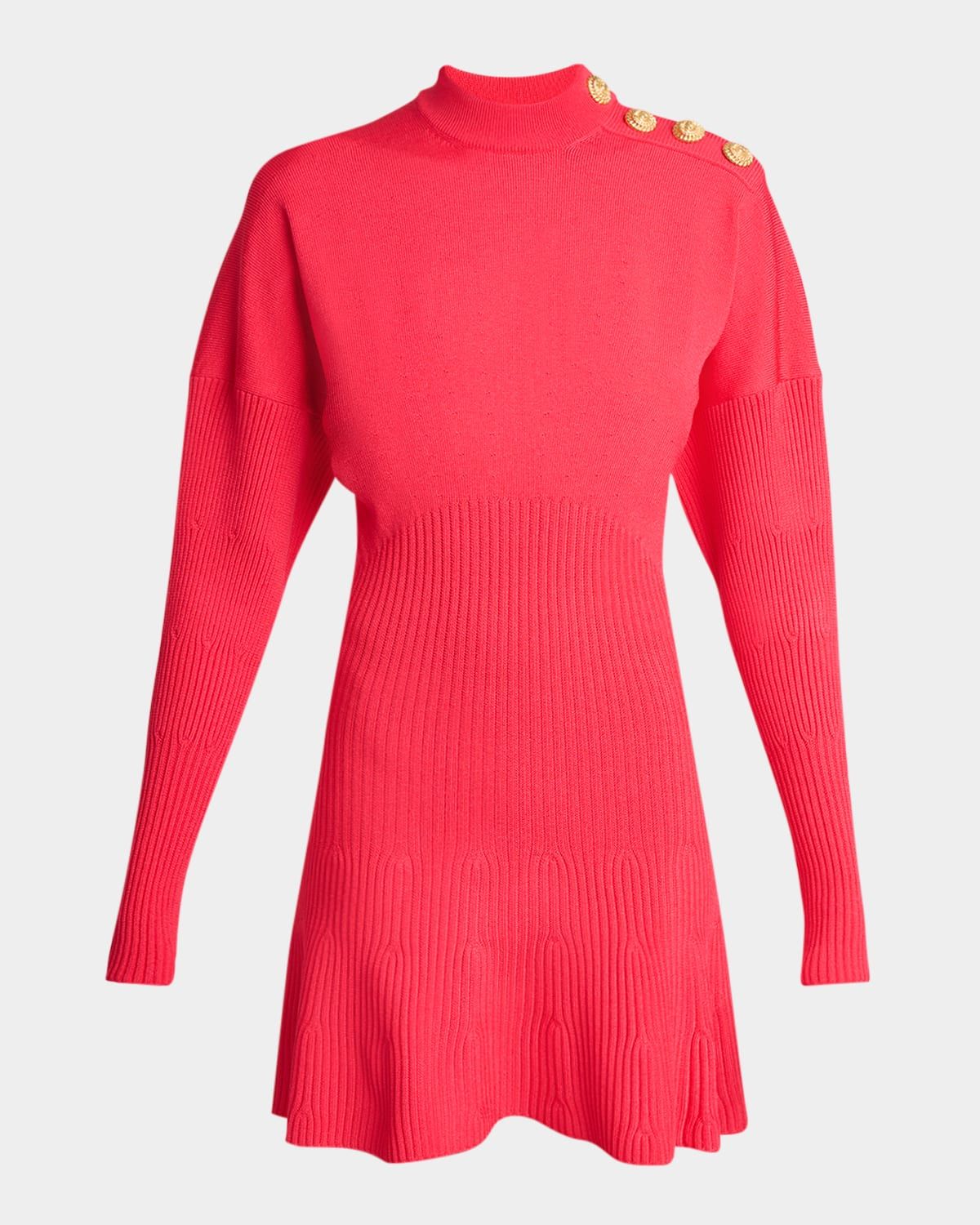 Button-Shoulder Batwing-Sleeve Mini Sweater Dress