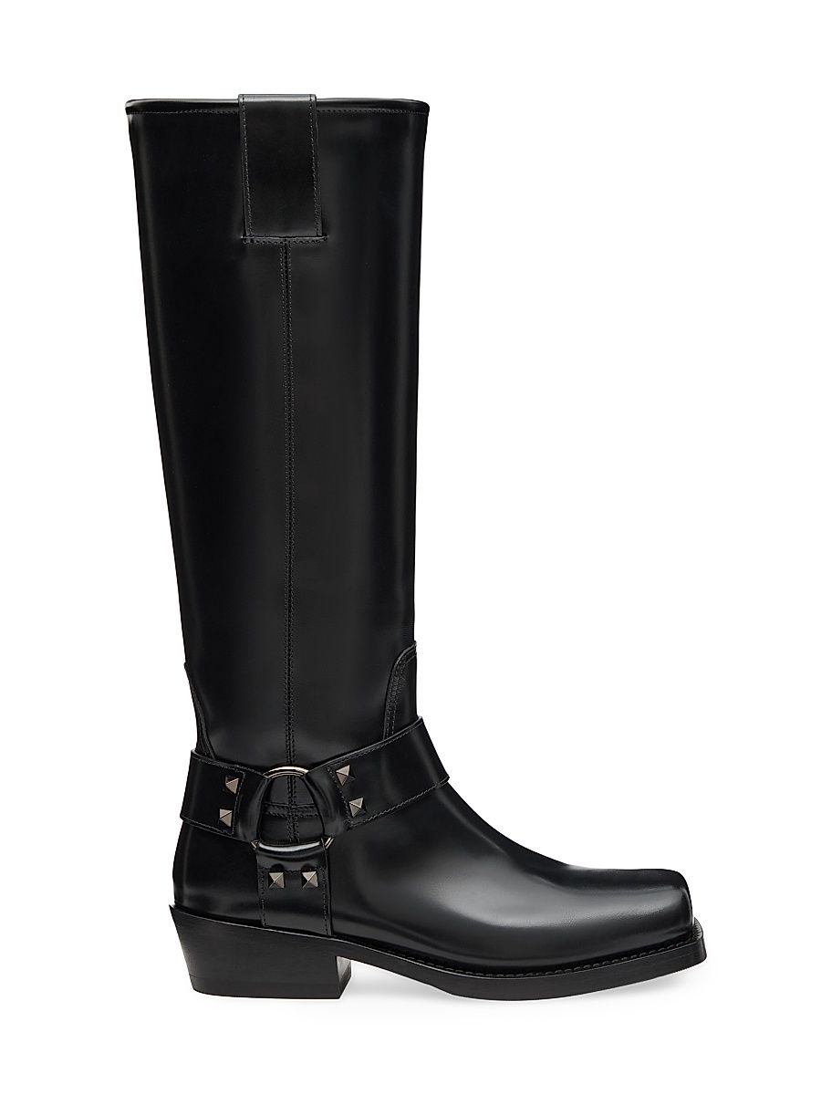 Women's Rockstud 40MM Calfskin Biker Boots - Black - Size 7.5