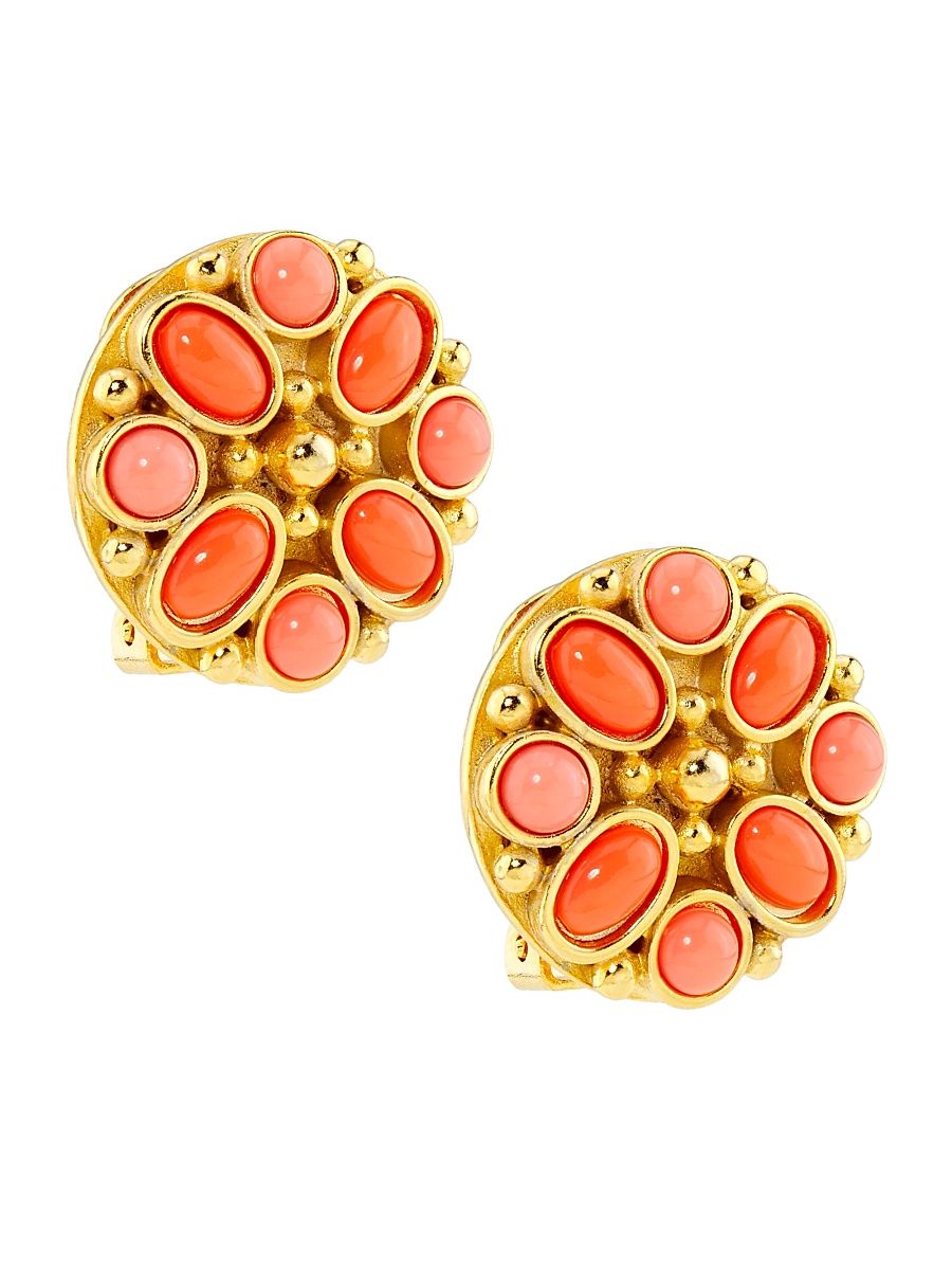 Women's Goldtone & Glass Cabochon Button Clip-On Earrings - Gold Coral