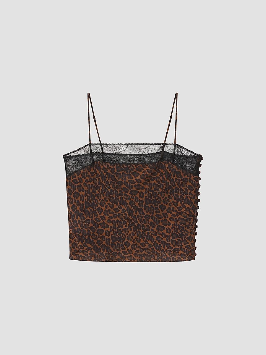 Women's Delphine Leopard-Print Lace-Trim Silk Camisole - Dark Leopard - Size XL