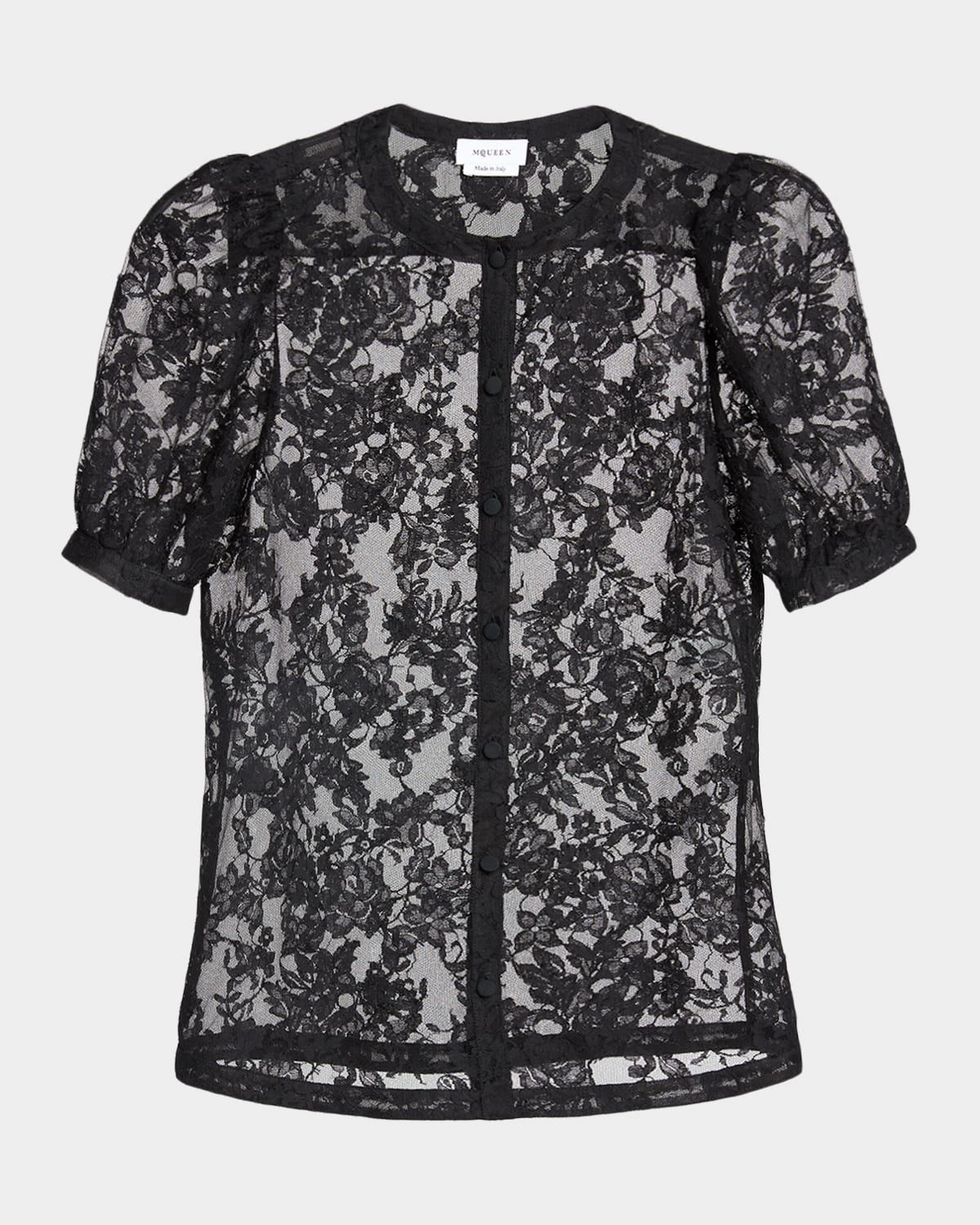 Puff-Sleeve Sheer Lace Shirt