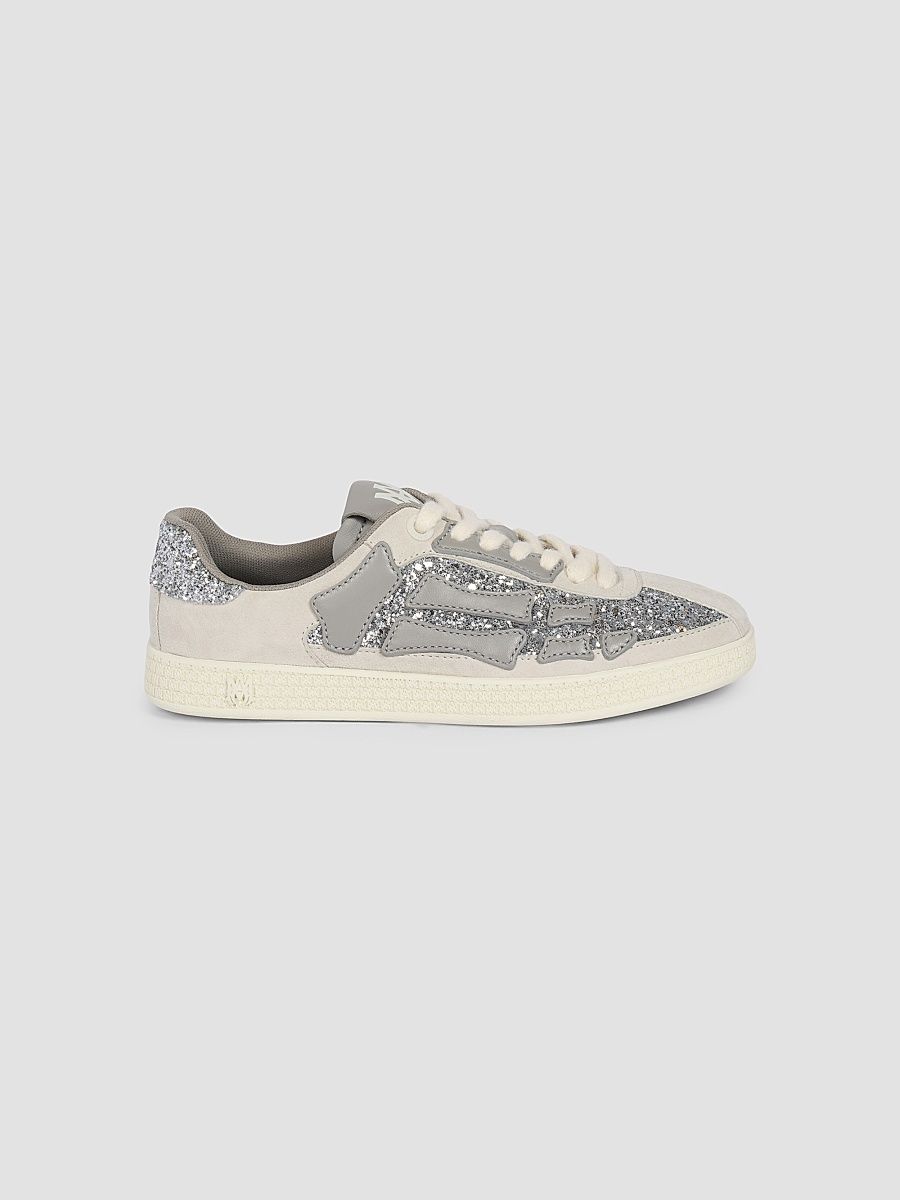 Women's Sequined Skull-Appliqué Leather Sneakers - Silver Grey - Size 6