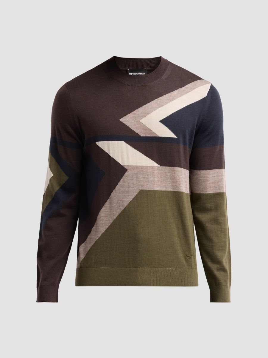 Emporio Armani Men's Geometric Wool Crewneck Sweater - Multi - Size Medium