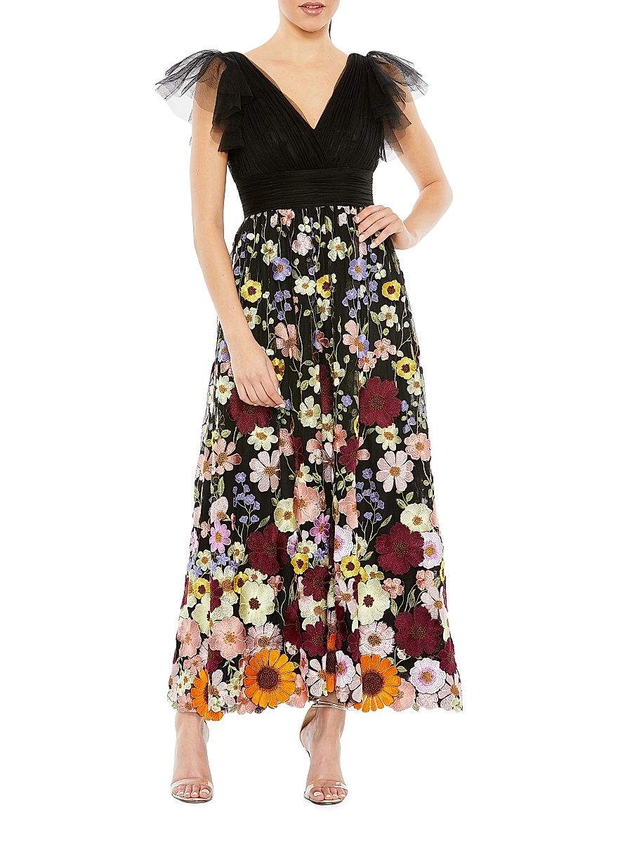 Women's Embroidered Floral Tulle Midi-Dress - Black Multi - Size 16
