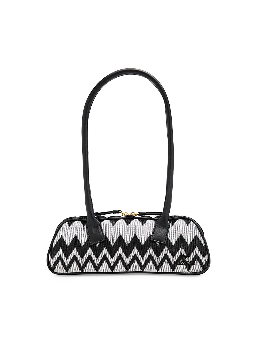 Women's Optical Wave Cotton-Leather Shoulder Bag - Black White