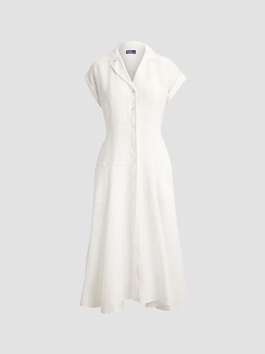 Women's Linen Short-Sleeve Midi Shirtdress - White - Size 8