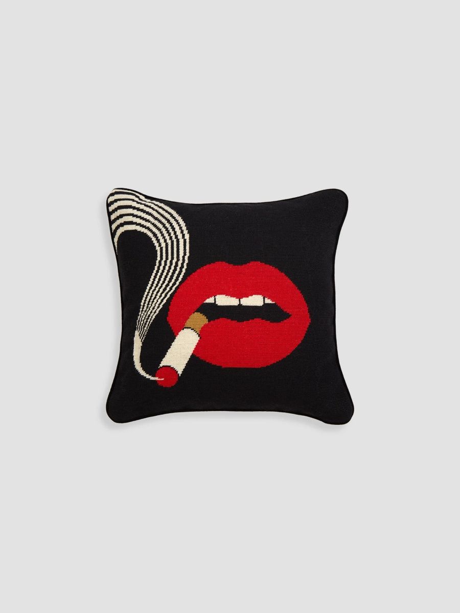 Jonathan Adler Smolder Lips Needlepoint Throw Pillow - Black