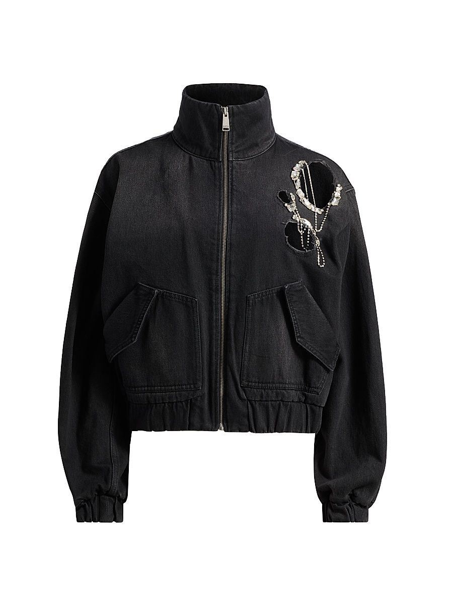 Women's Crystal-Embellished Cut-Out Denim Bomber Jacket - Washed Black - Size Medium