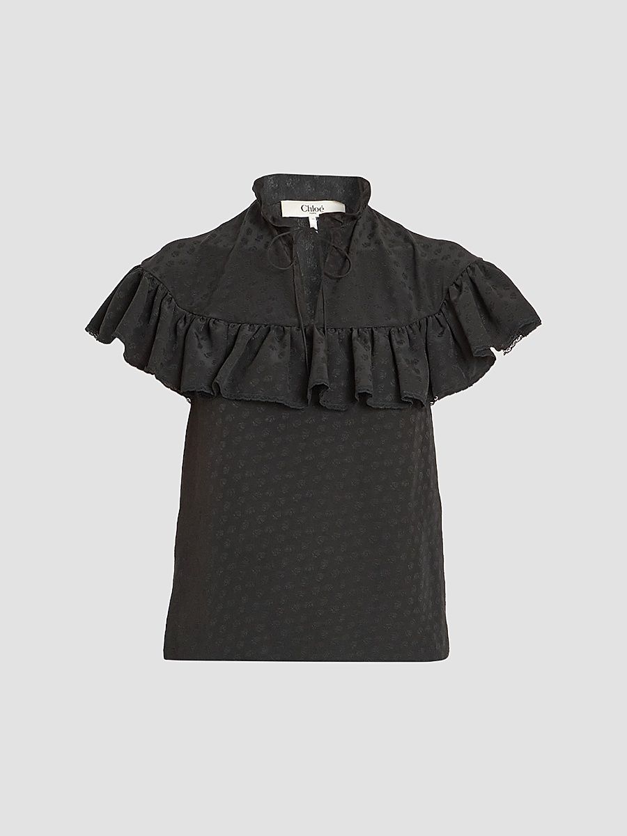 Women's Tonal-Jacquard Ruffled Short-Sleeve Top - Black - Size 14