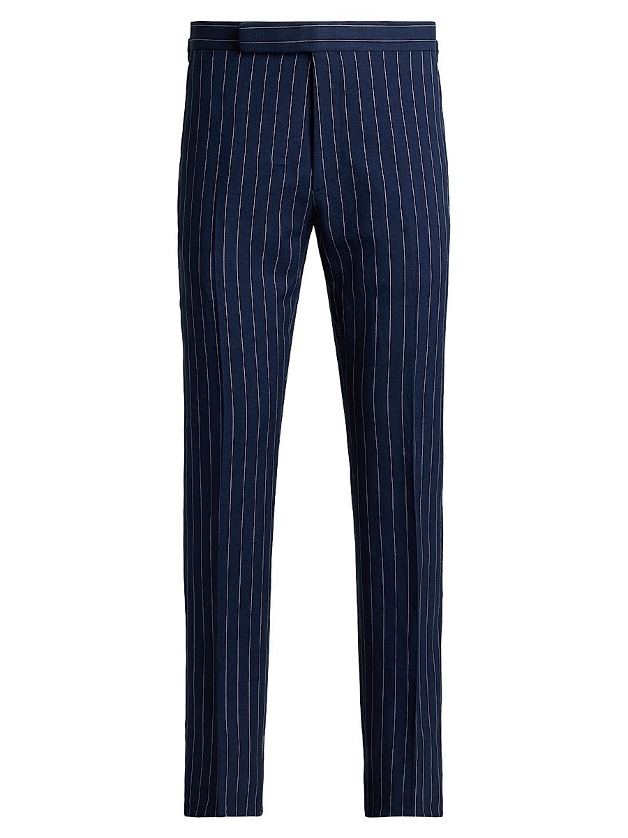 Men's Pinstriped Wool-Linen Trousers - Bright Navy Cream - Size 40