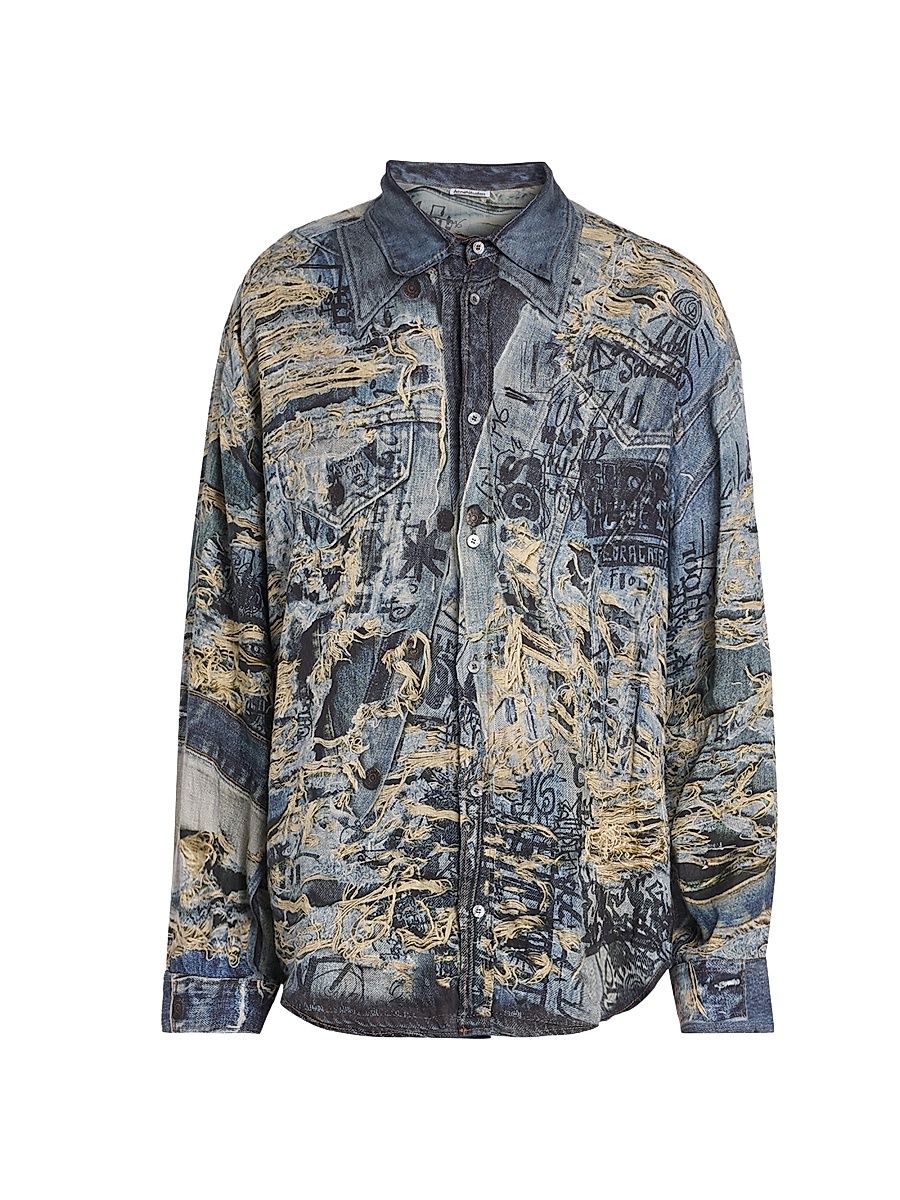 Men's Setar Torn Scribble Printed Linen Shirt - Denim Blue - Size 44