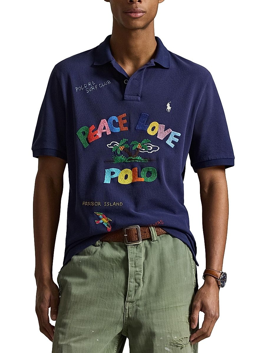 Men's Embroidered Cotton Mesh Polo Shirt - Dark Cobalt - Size Large