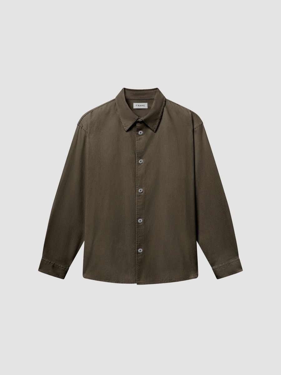 FRAME Men's Micro-Cordurory Long-Sleeve Overshirt - Mud Grey - Size XL