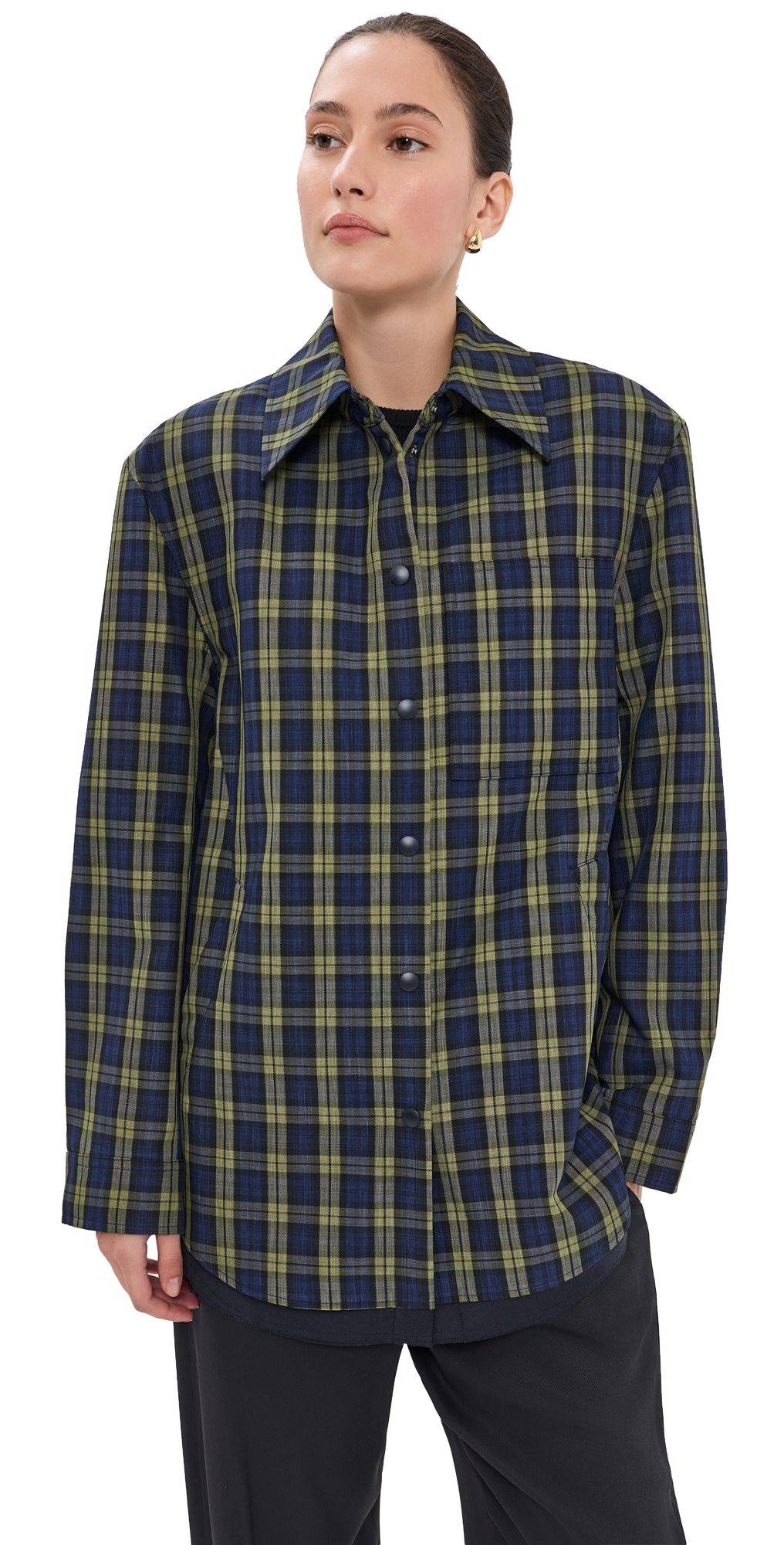 Tibi Techy Plaid Easy Shirt Jacket Blue Multi L